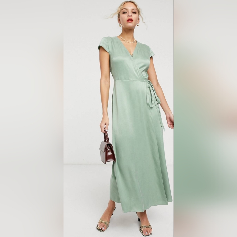 & Other Stories satin short sleeve midaxidress in dusty green